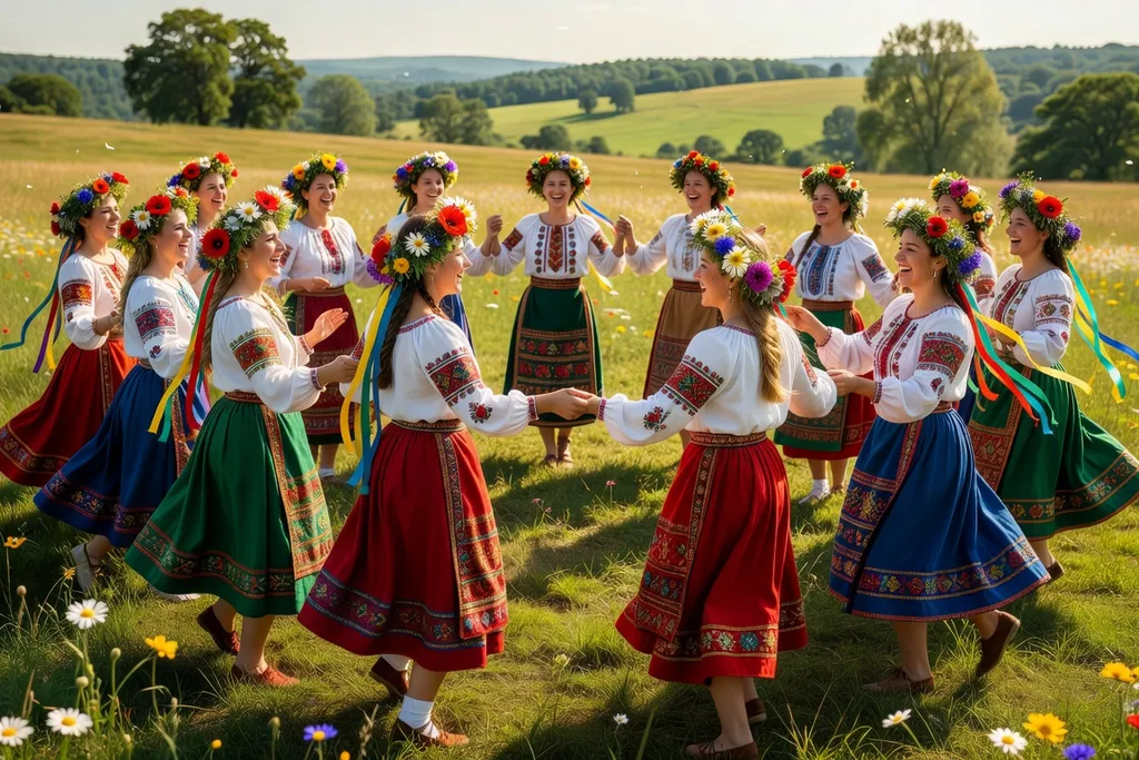 Scène de fête champêtre ukrainienne avec danses traditionnelles et tenues folkloriques pour la Pentecôte