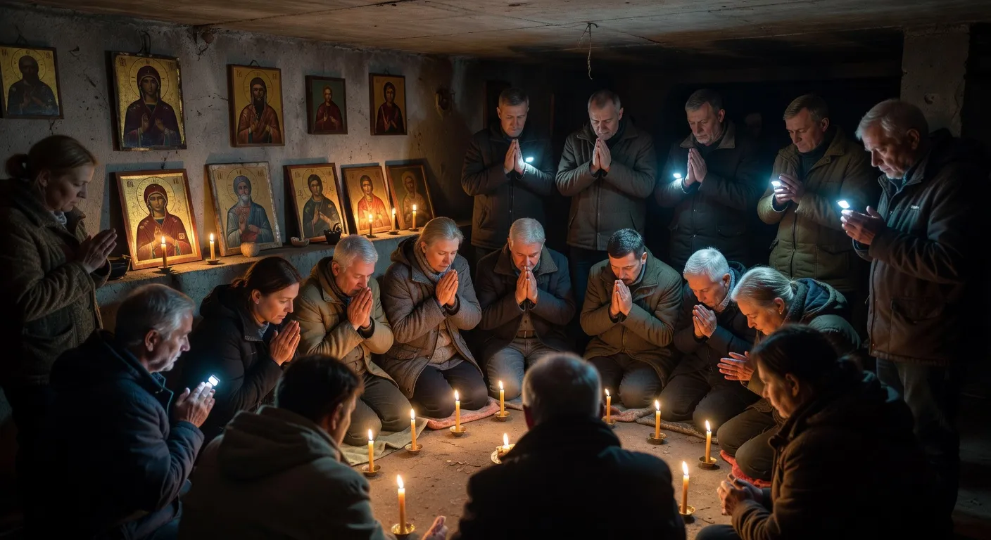 Fideles orthodoxes priant dans un abri souterrain en Ukraine avec icones et cierges