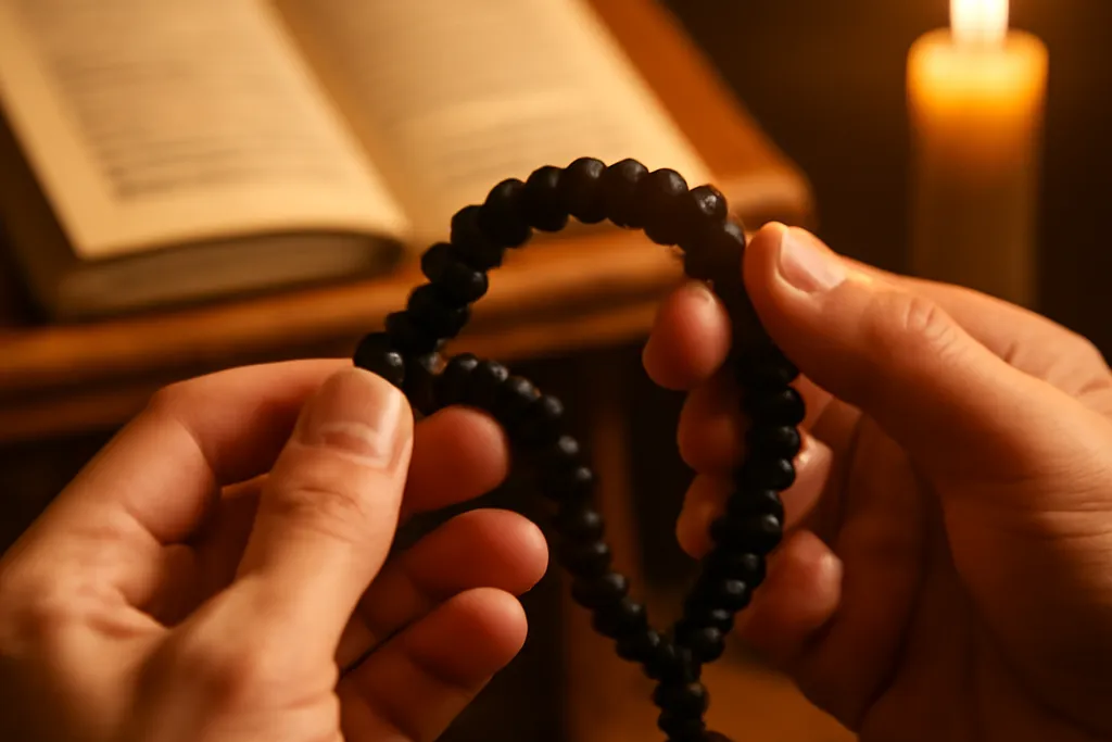 Chapelet orthodoxe komboskini tenu par un fidèle en prière, lumière de cierge