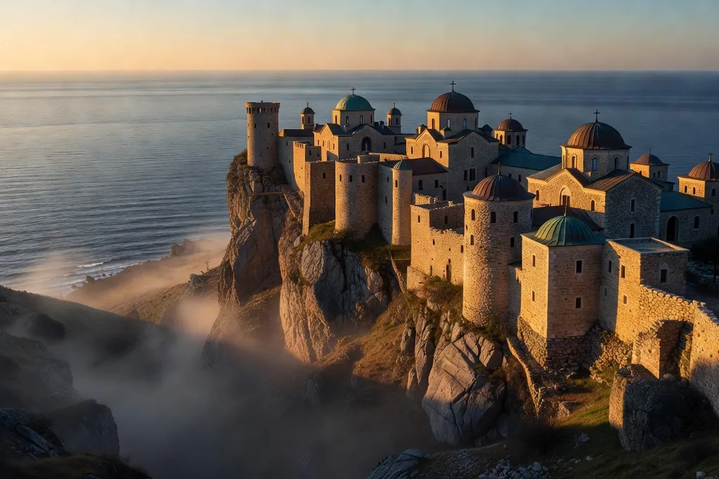 Paysage du mont Athos et monastère orthodoxe évoquant le silence et le recueillement hésychaste