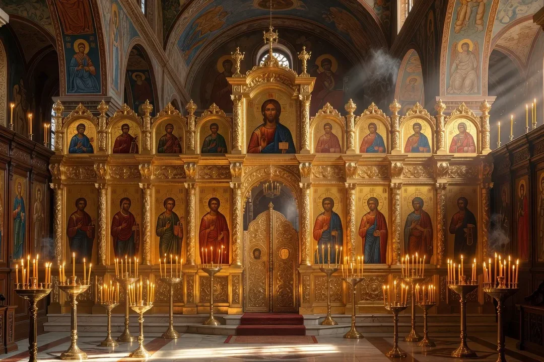Fidèle orthodoxe priant debout dans une nef d'église, mains jointes, icônes et cierges en arrière-plan