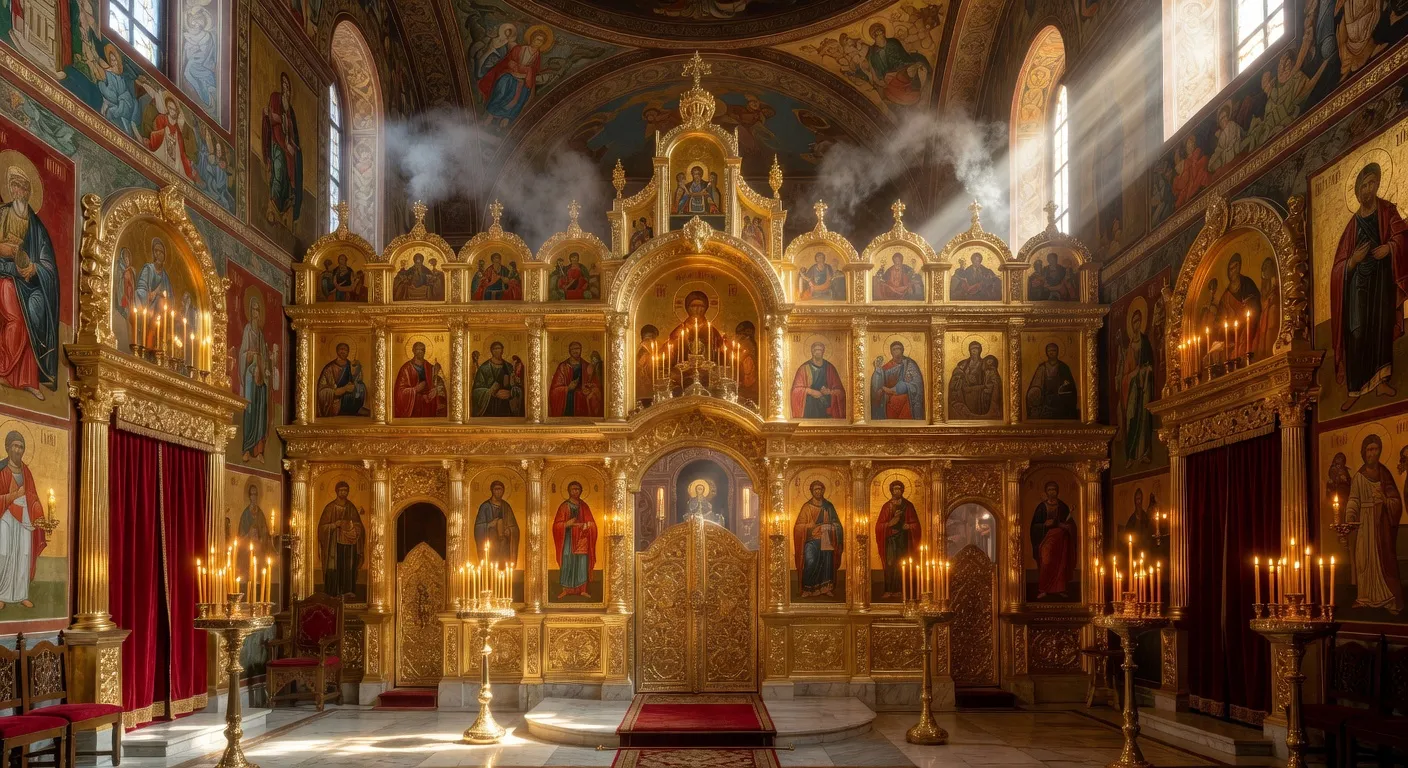 Moine orthodoxe en priere tenant un tchotki avec une icone du Christ en arriere-plan