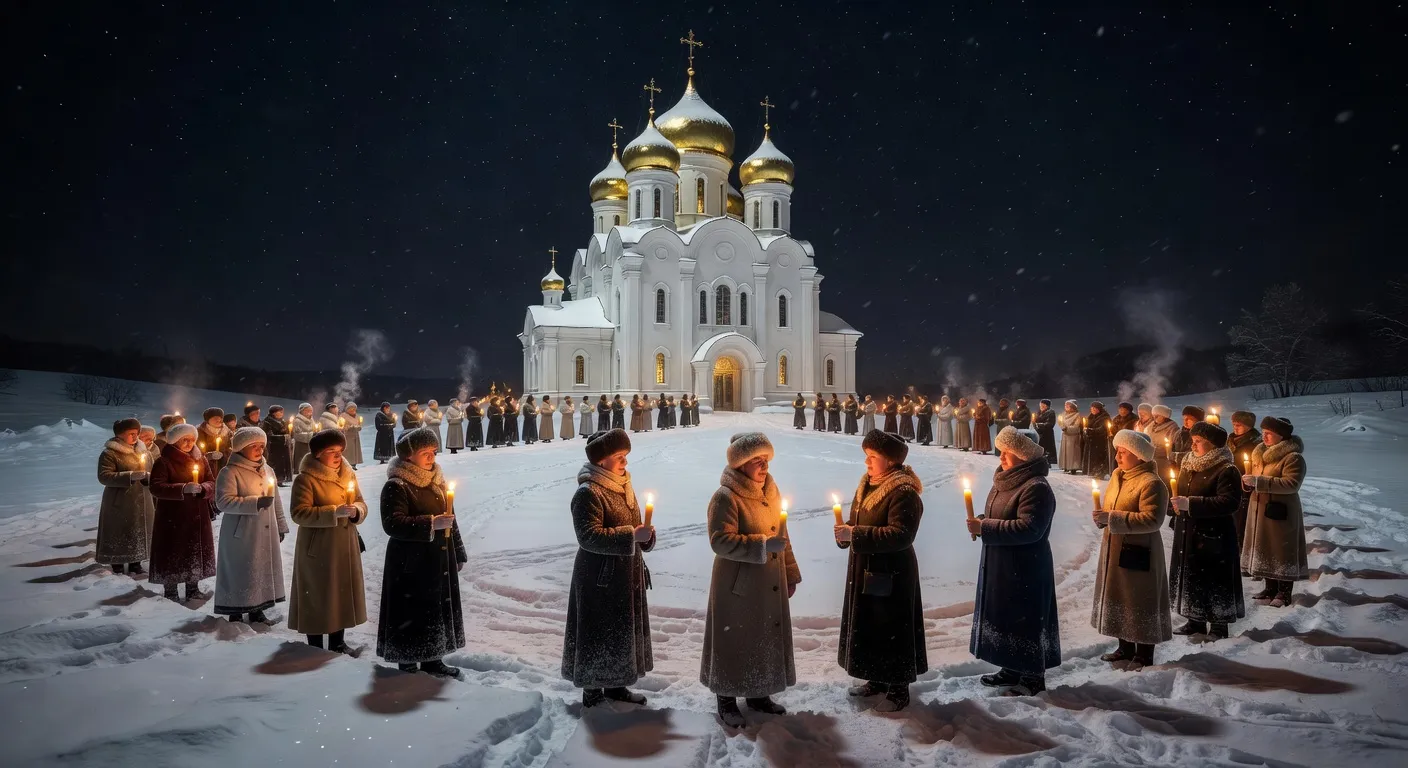Procession pascale nocturne autour d'une eglise orthodoxe russe avec cierges allumes et chants