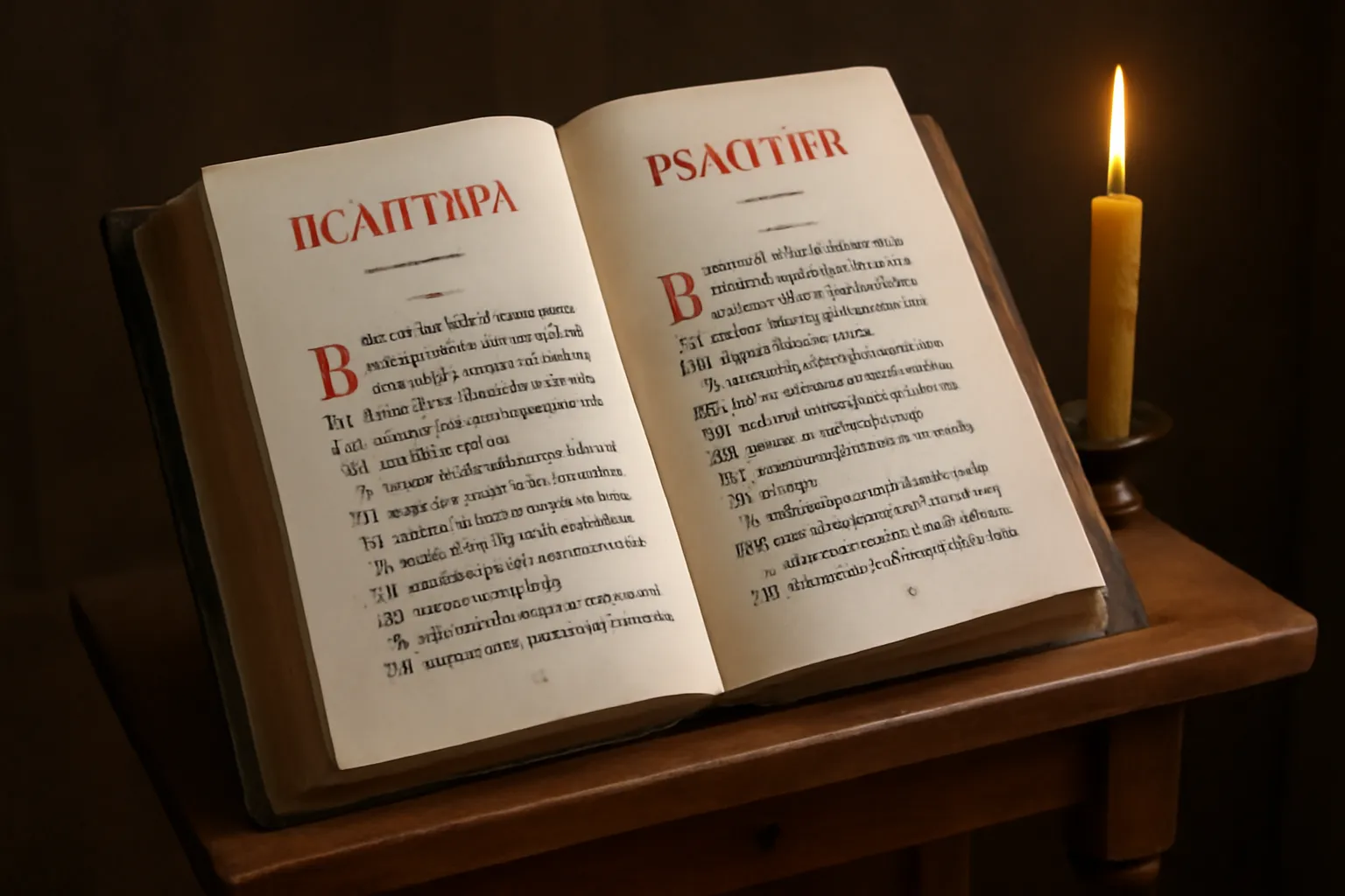 Psautier orthodoxe ouvert sur un lutrin en bois, texte en français et notations liturgiques