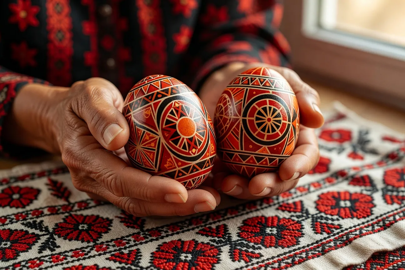 Pyssanky ukrainiennes aux motifs geometriques colores sur fond de rushnyky brode traditionnel