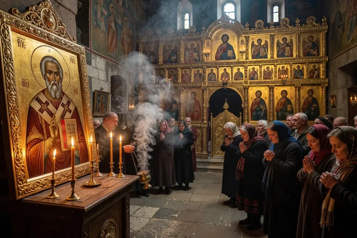 Cierges allumés devant une icône de saint Nicolas dans une église orthodoxe russe