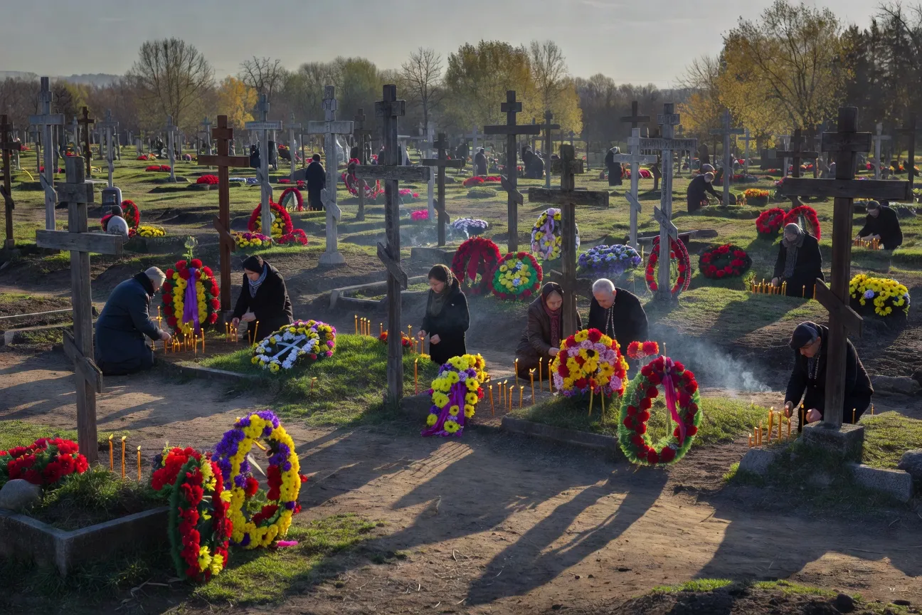 Fidèles orthodoxes allumant des cierges au cimetière lors d'un samedi des âmes
