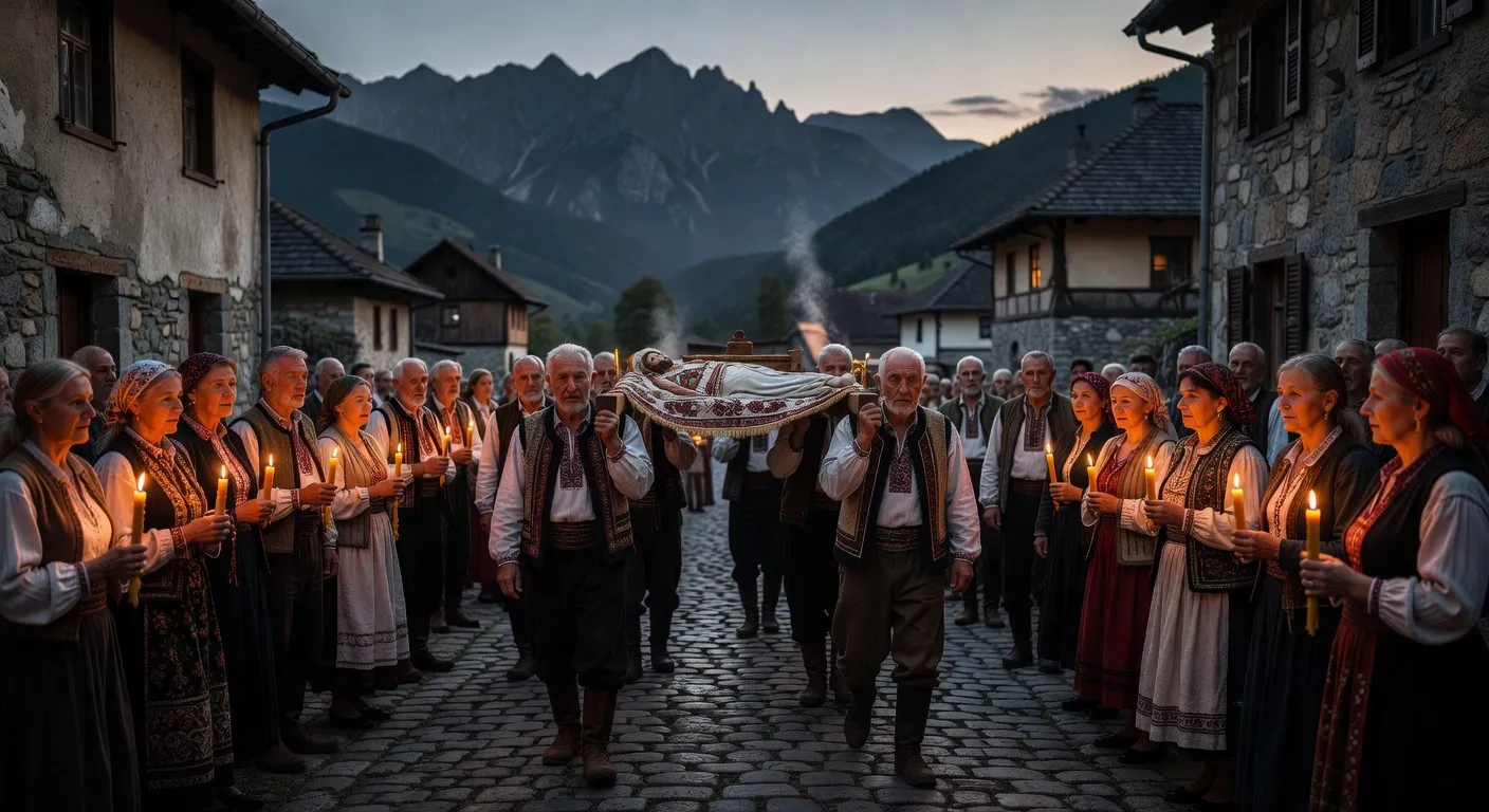 Procession du Vendredi Saint dans un village roumain avec l'Epitaf porte par les fideles