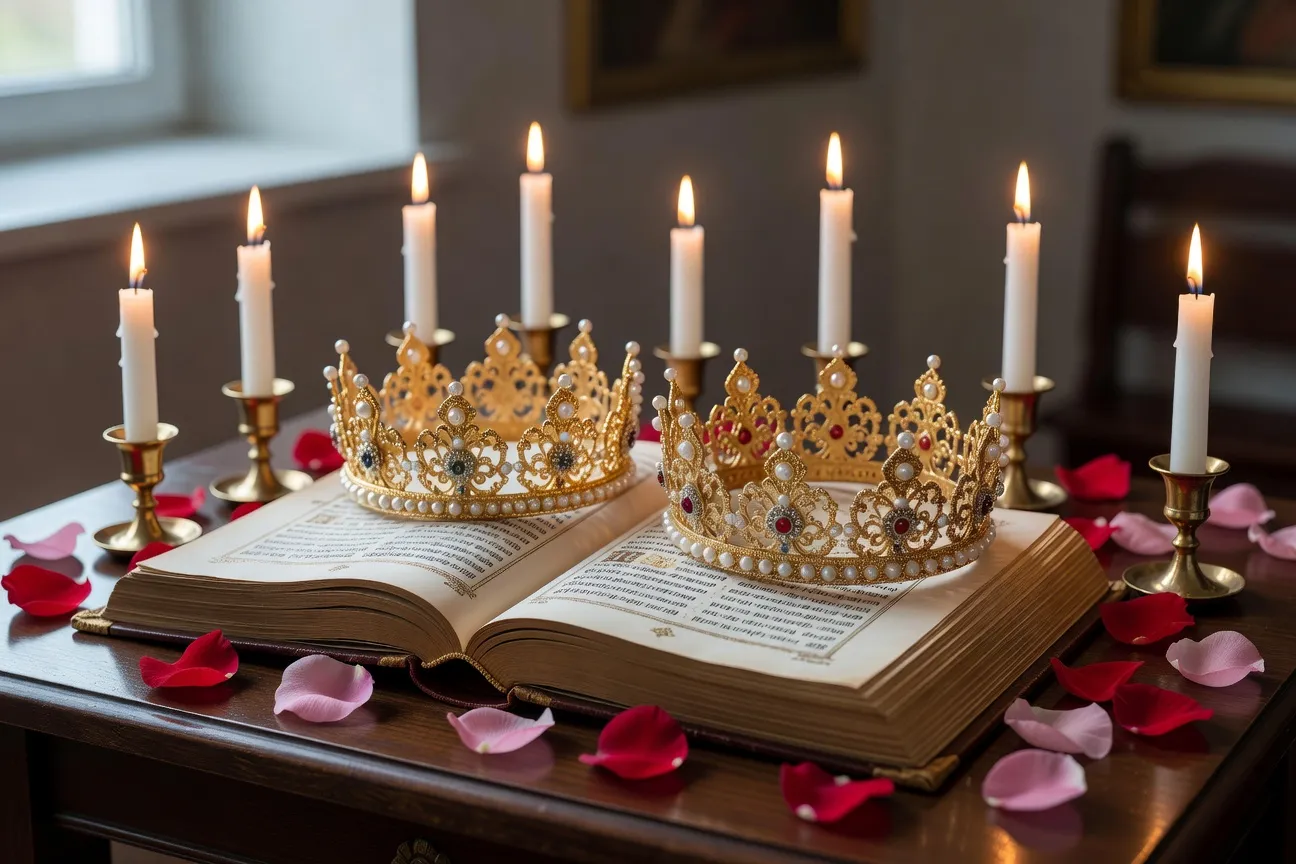 Couronnes stéphana du mariage orthodoxe posées sur l'Évangile