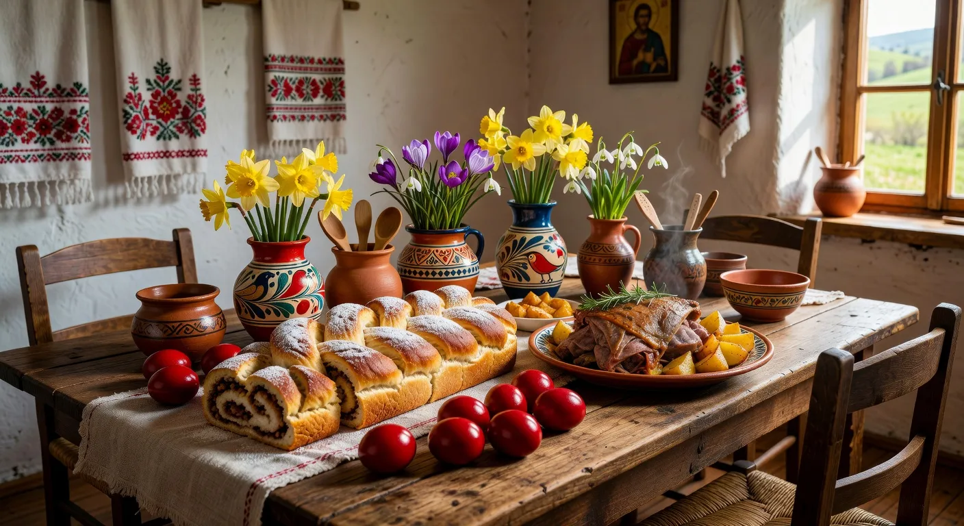 Table de Paques roumaine avec oeufs rouges, cozonac tranche, miel d'agneau et vin