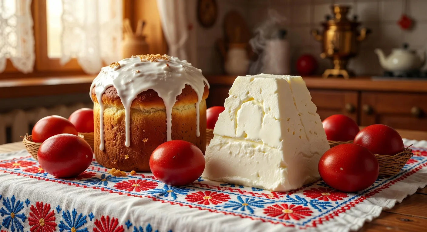 Table de Paques russe traditionnelle avec koulitch, paskha, oeufs rouges et cierges