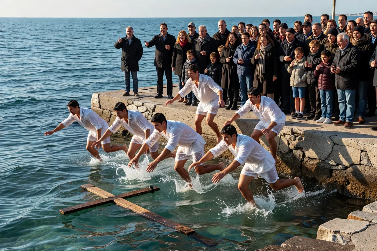 Jeunes plongeurs grecs récupérant la croix en mer pour la Théophanie orthodoxe
