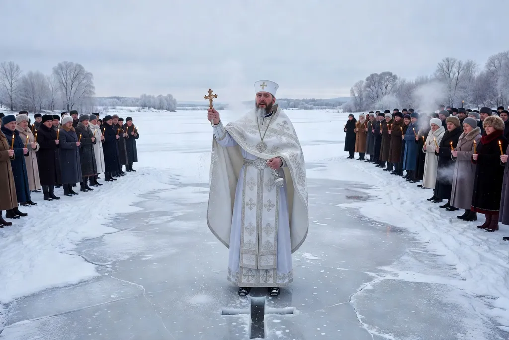 Bénédiction des eaux pour la Théophanie, prêtre en vêtement liturgique blanc bénissant une rivière gelée en hiver