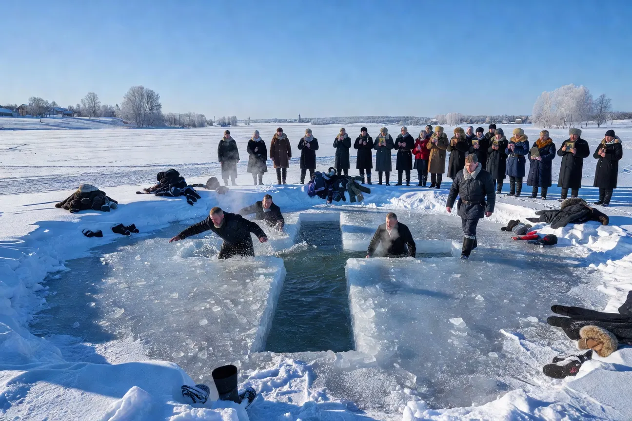 Hommes plongeant dans un lac gelé lors de la Théophanie orthodoxe en Russie