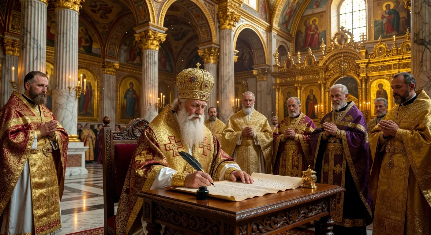 Ceremonie de remise du Tomos d'autocephalie avec le patriarche Bartholomee et le metropolite Epiphane