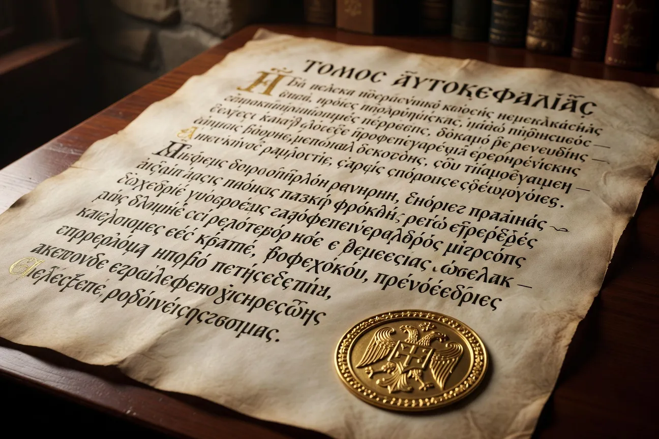 Document du Tomos d'autocephalie de l'Eglise orthodoxe d'Ukraine avec sceaux et signatures