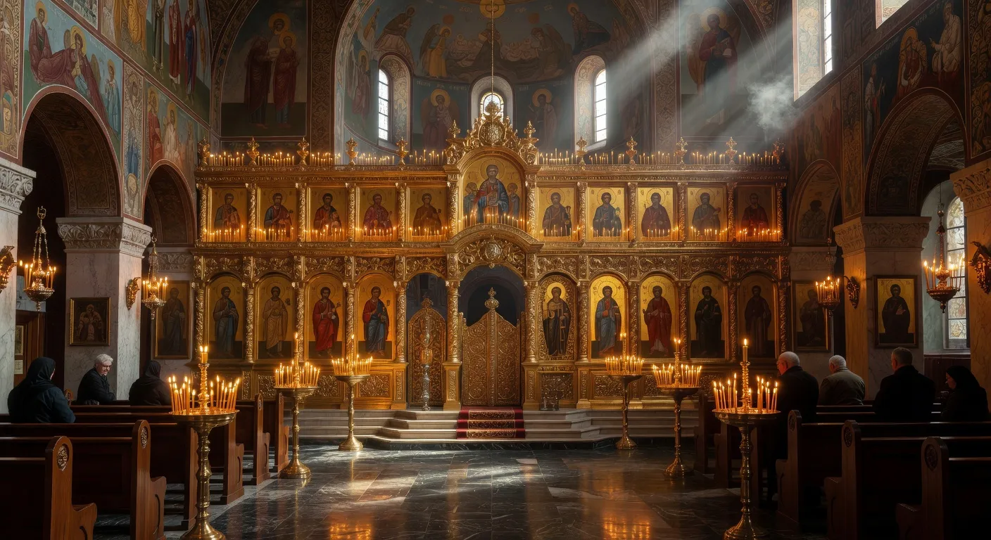 Eglise orthodoxe ukrainienne dans un village avec fideles rassembles pour voter le changement de juridiction