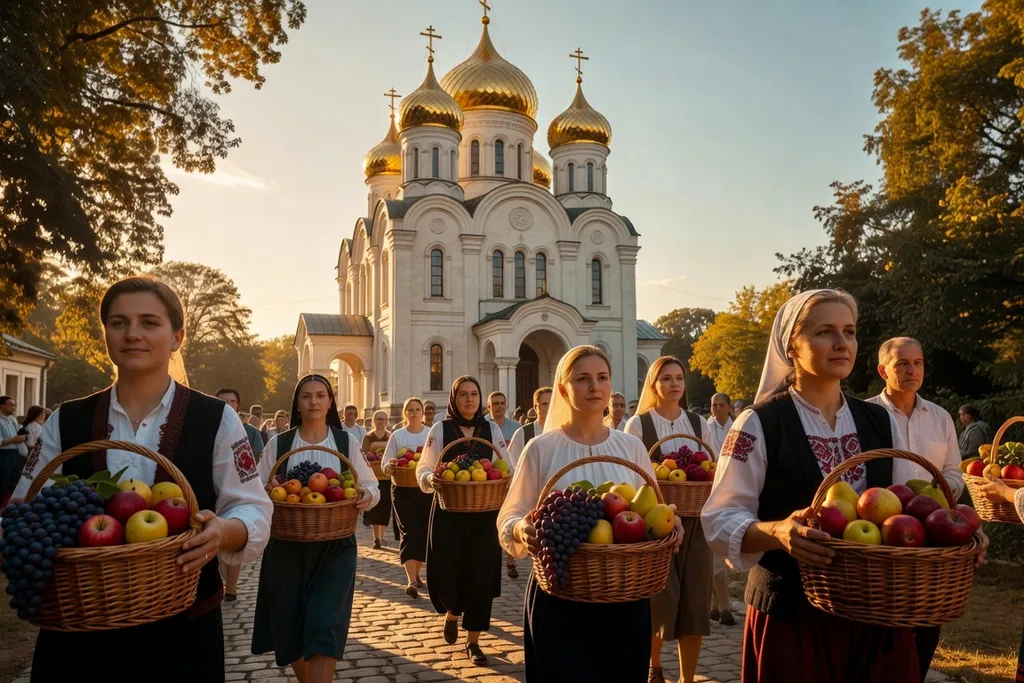Église orthodoxe illuminée de lumière dorée pour la Transfiguration, fidèles apportant des fruits