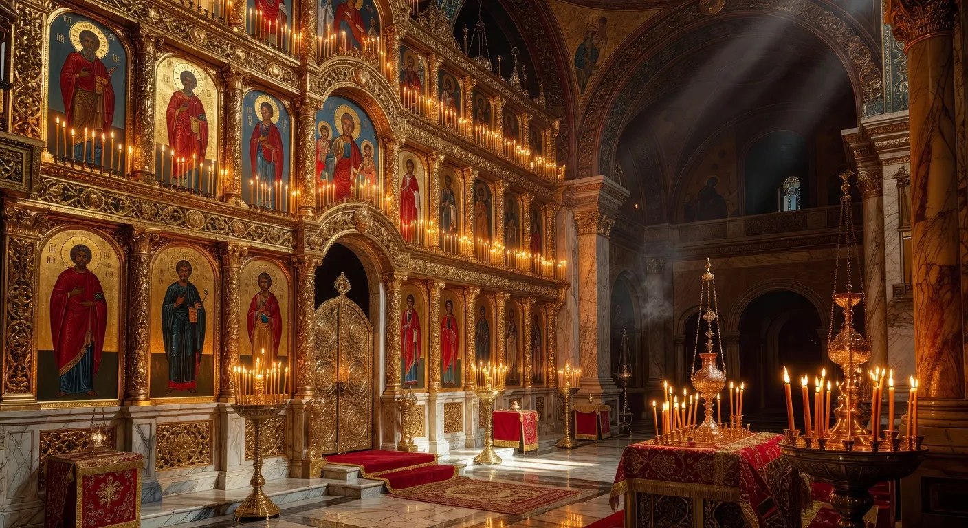 Reproduction de la Trinite d'Andrei Roublev avec les trois anges autour de la table eucharistique