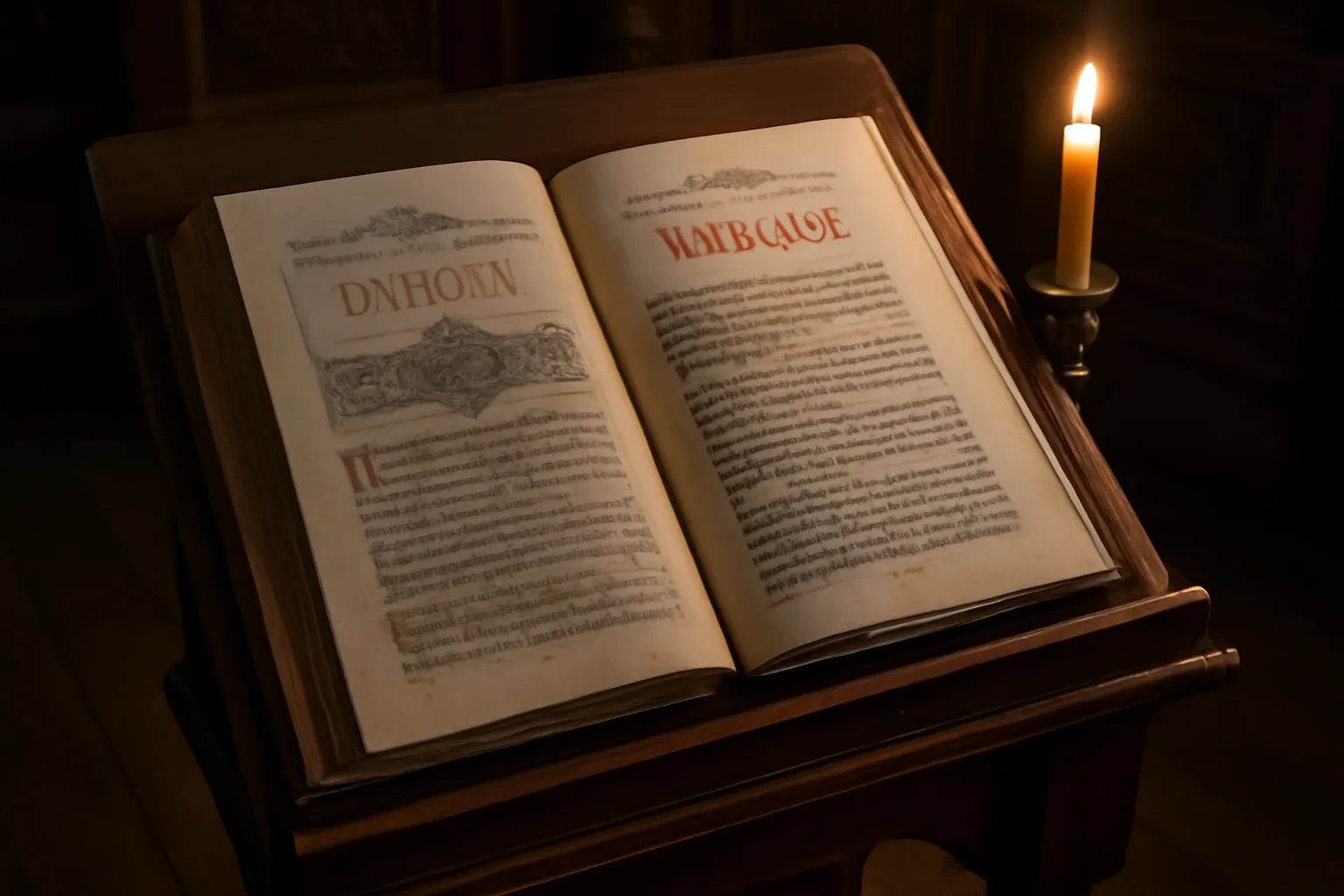 Livres liturgiques ouverts sur un lutrin d'église orthodoxe, cierge allumé à côté