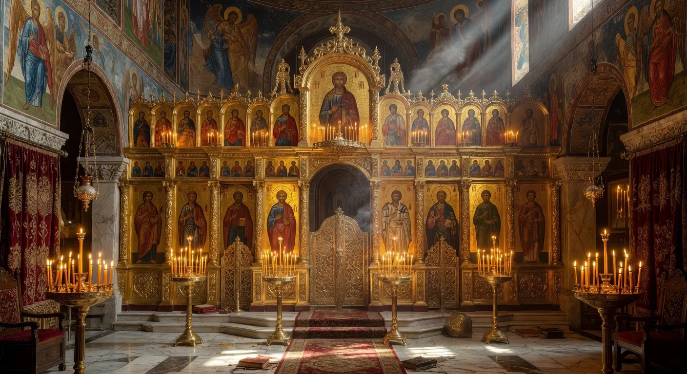 Cour interieure d'un monastere athonite avec fresques, arcade et moine en priere