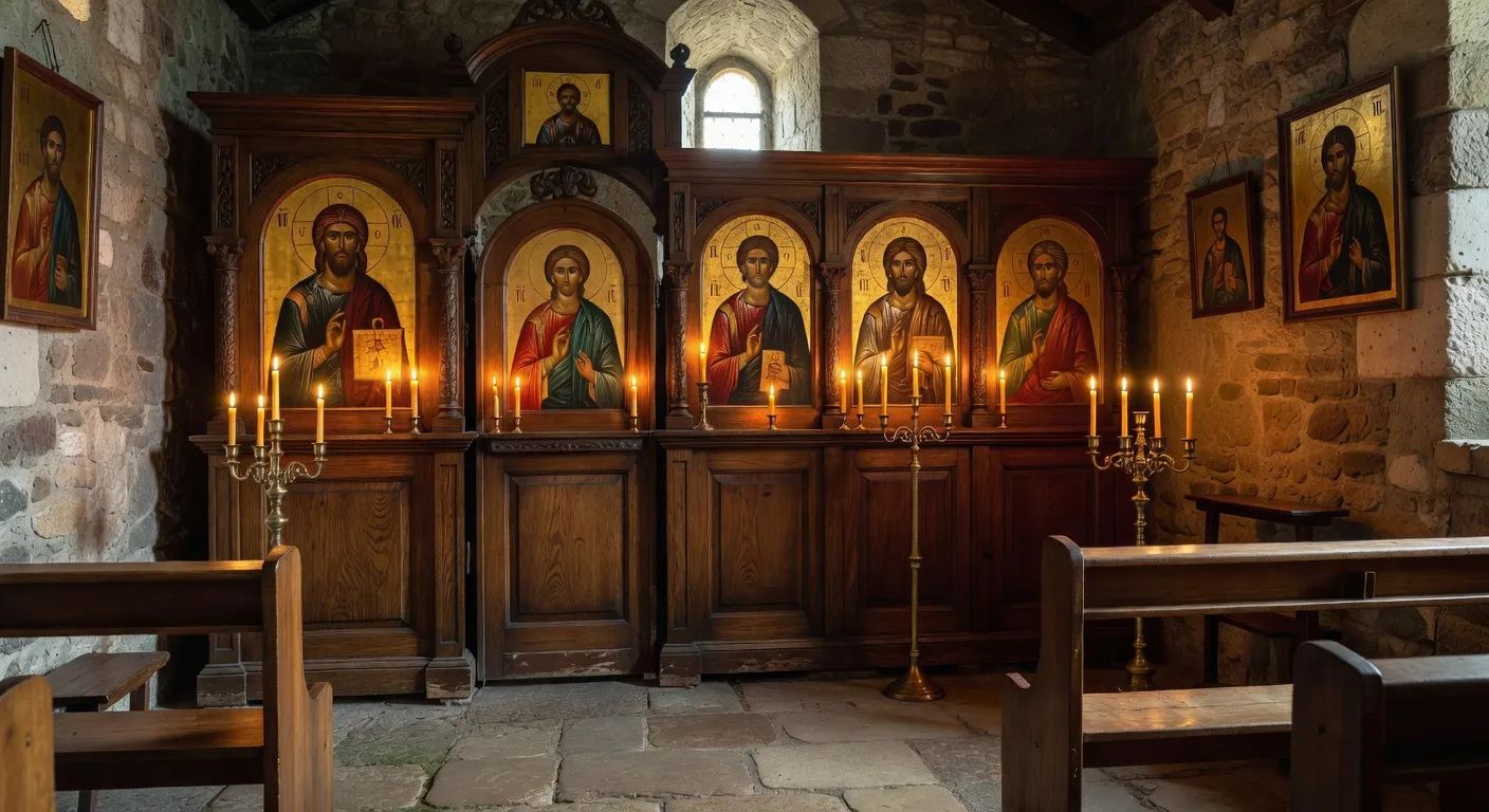 Manuscrit ancien ouvert avec enluminures byzantines sur un pupitre en bois