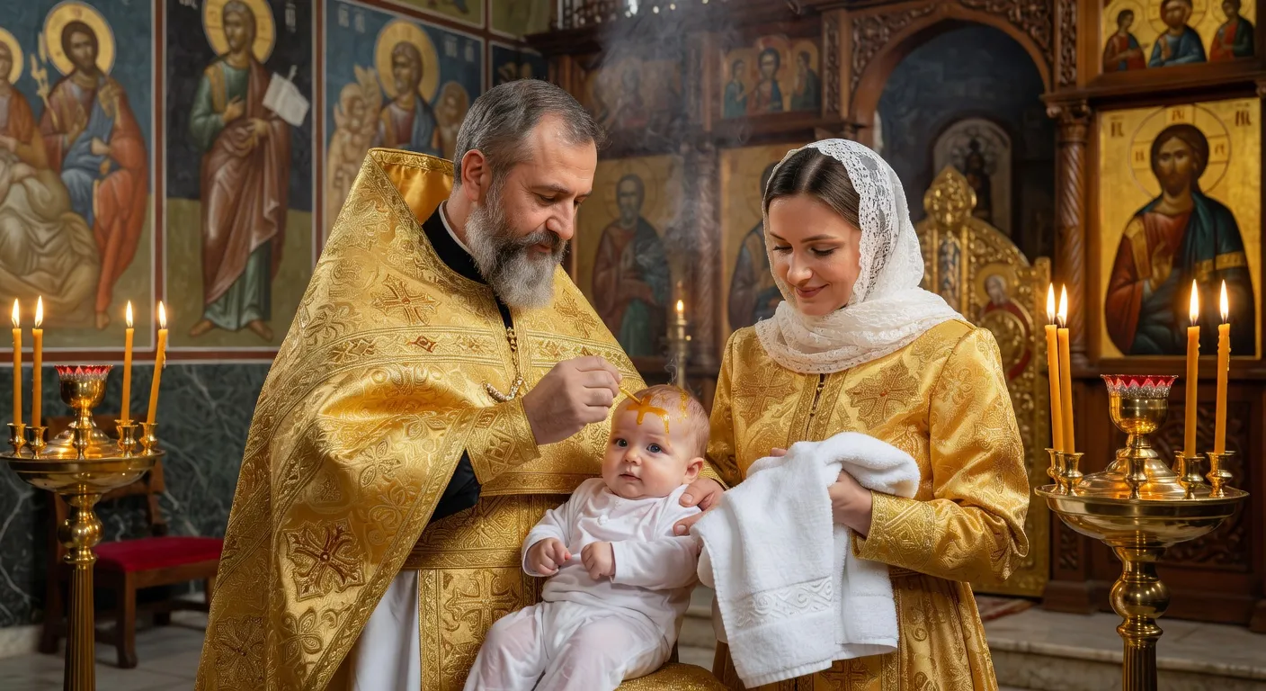 Pretre orthodoxe procedant a la triple immersion d'un nourrisson dans les fonts baptismaux