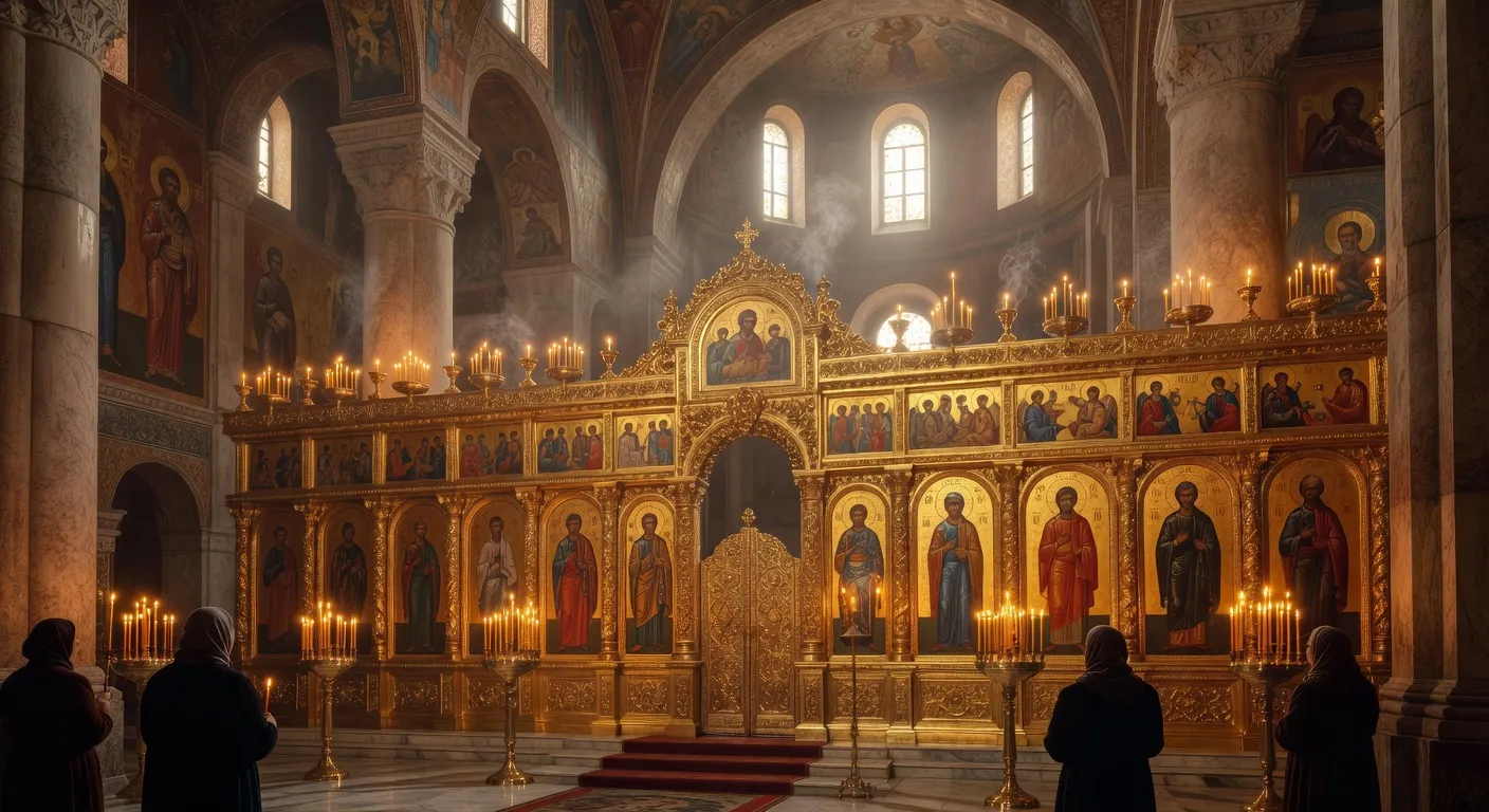 Cierges allumes devant une icone de la Vierge dans une eglise orthodoxe