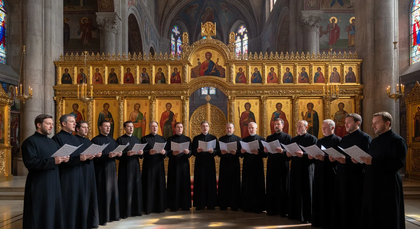 Grand choeur orthodoxe russe en vetements liturgiques chantant dans une cathedrale