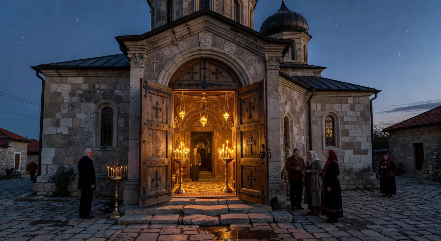 Cierges allumes devant une icone dans un narthex d'eglise orthodoxe