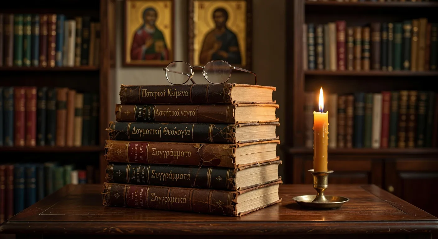 Bibliotheque d'un monastere orthodoxe avec livres anciens et icones