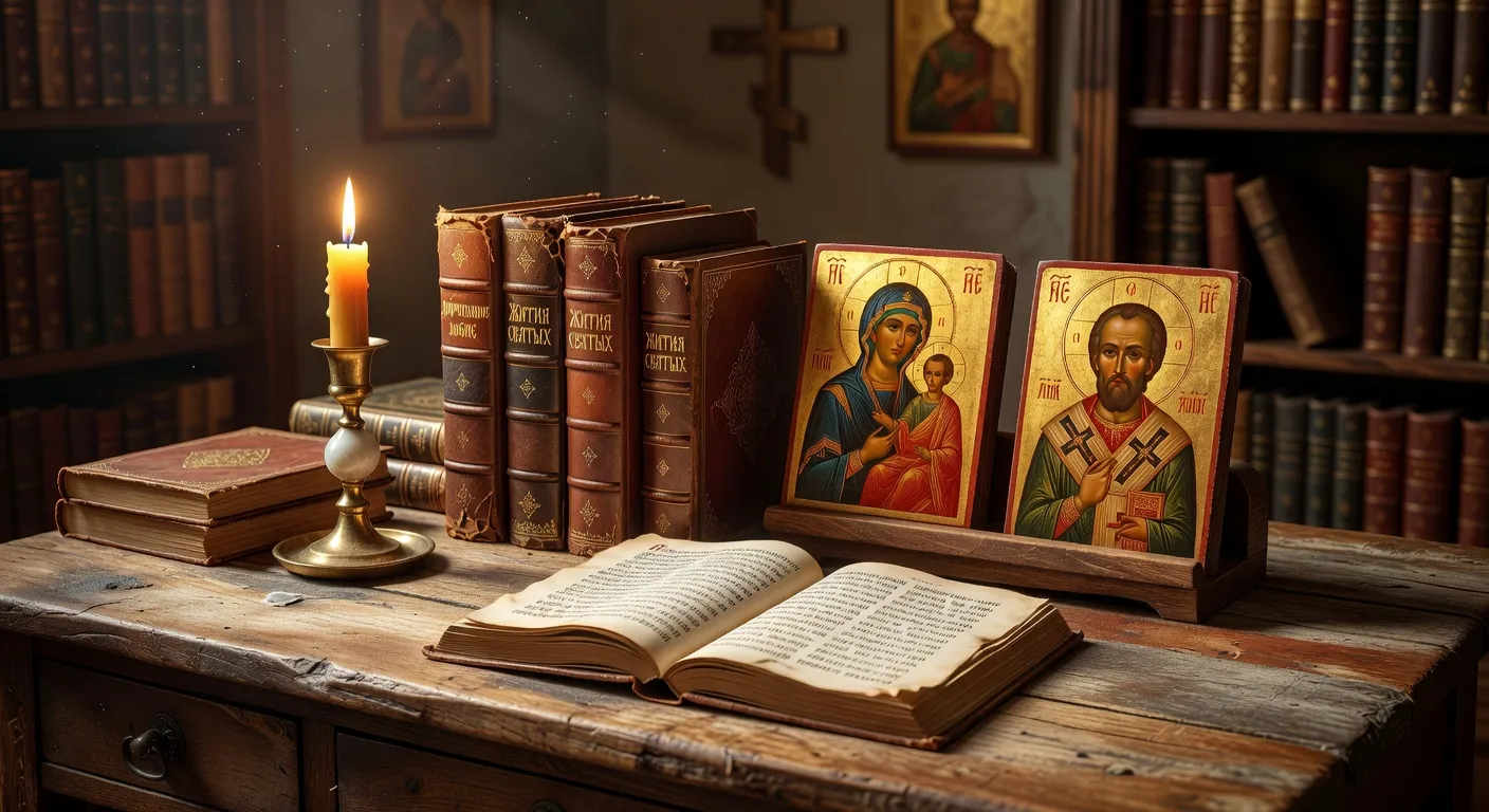 Choeur d'une eglise orthodoxe eclaire par des cierges et la lumiere doree de l'iconostase