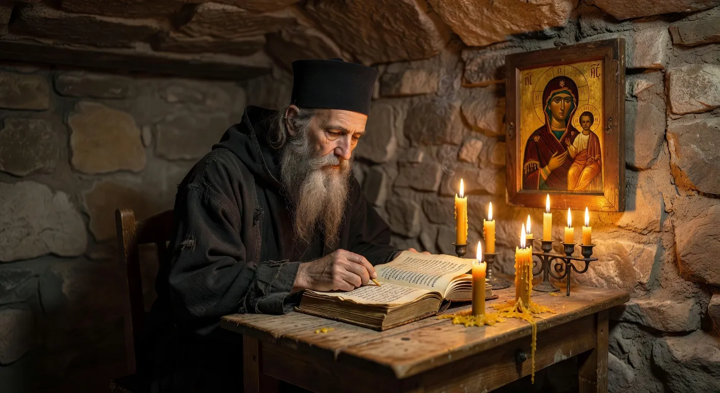 Fideles orthodoxes en priere pendant un office du Grand Careme, cathedrale eclairee par des cierges