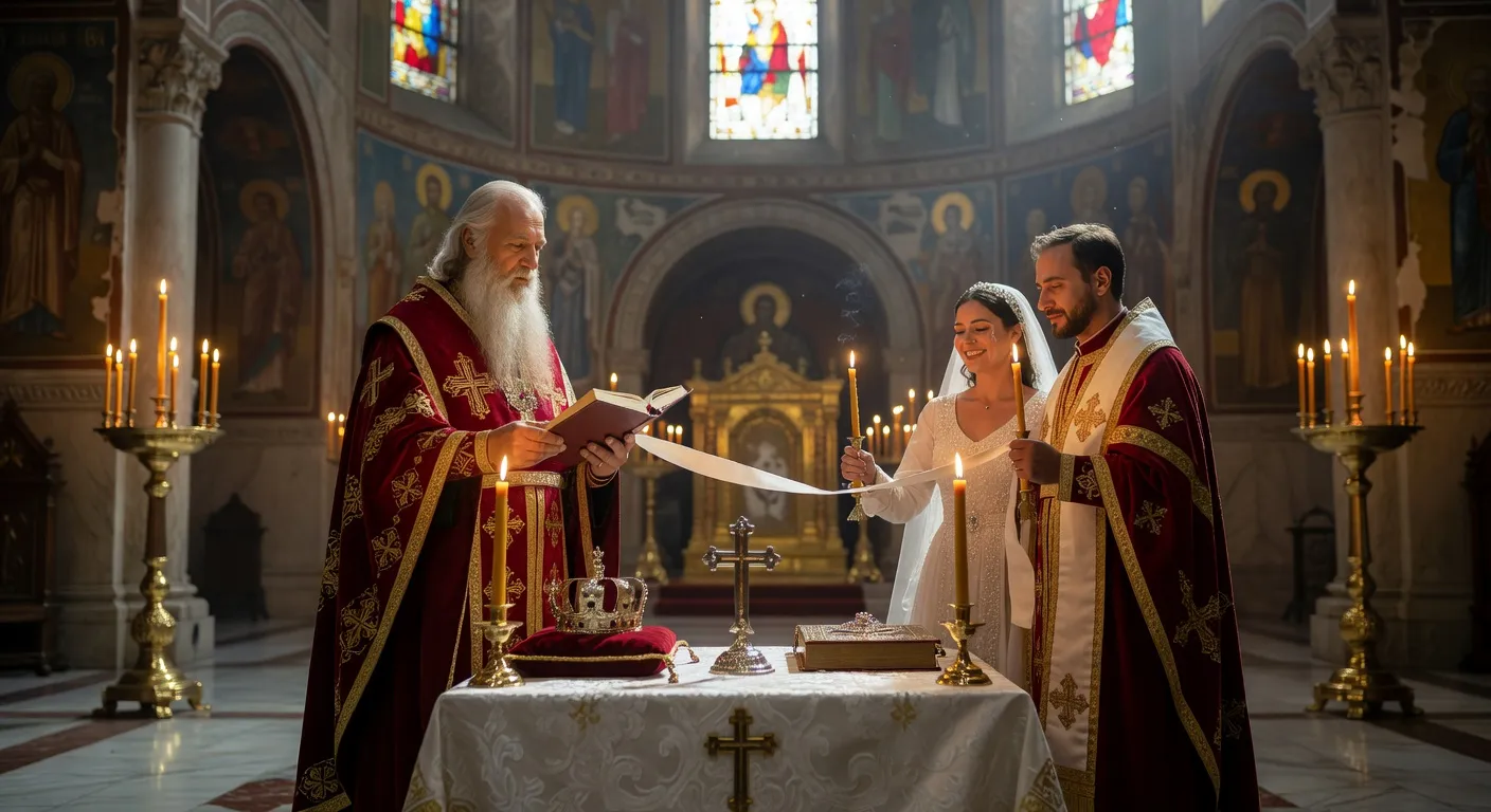 Couronnes nuptiales orthodoxes en metal dore reliees par un ruban blanc