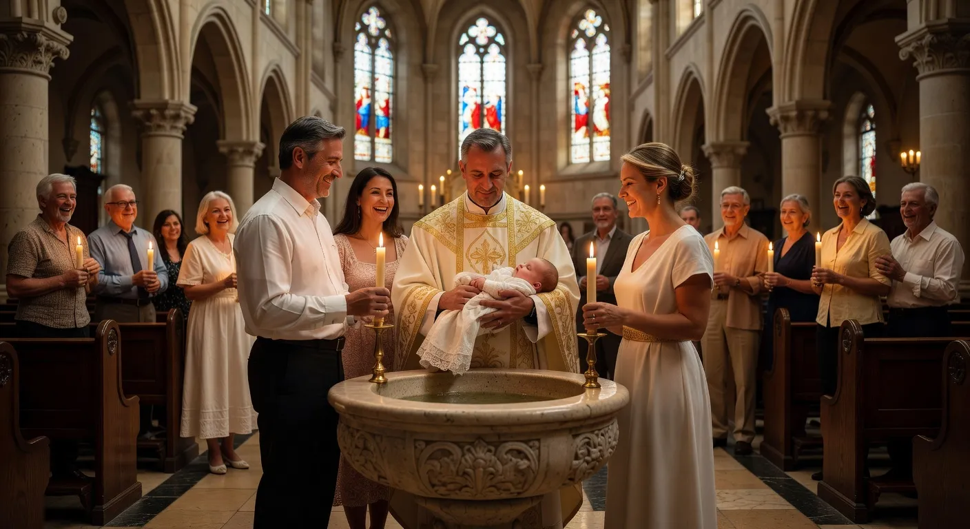 Nouveau baptise vetu de blanc tenant un cierge allume devant les icones