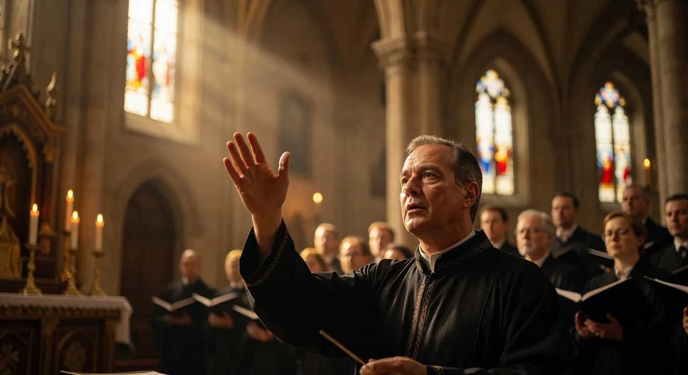 Chantre orthodoxe grec lisant un livre de chant byzantin sur un lutrin en bois sculpte