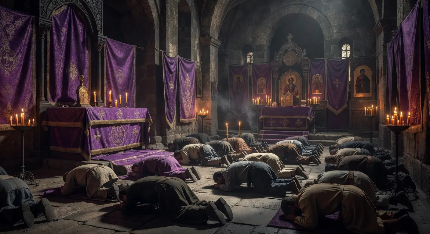 Interieur sombre d'une eglise orthodoxe pendant un office du Grand Careme avec cierges et icones