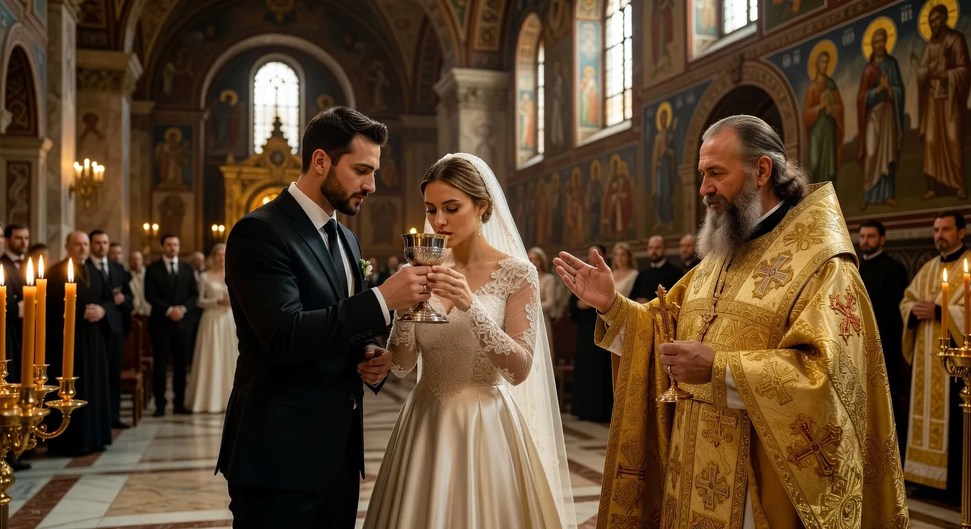 Procession nuptiale orthodoxe avec le pretre menant les epoux couronnes autour du pupitre