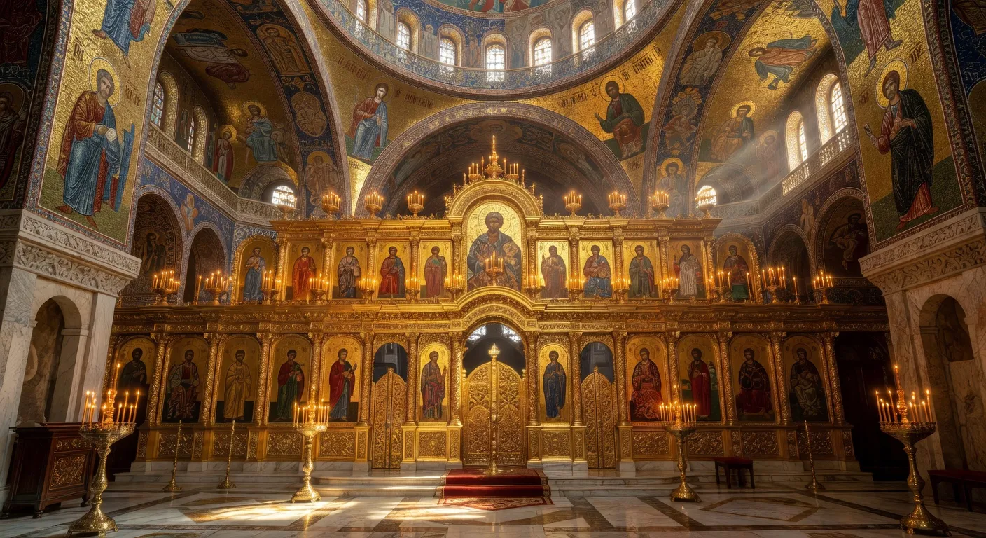 Interieur dore d'une cathedrale orthodoxe avec iconostase et lumieres de cierges