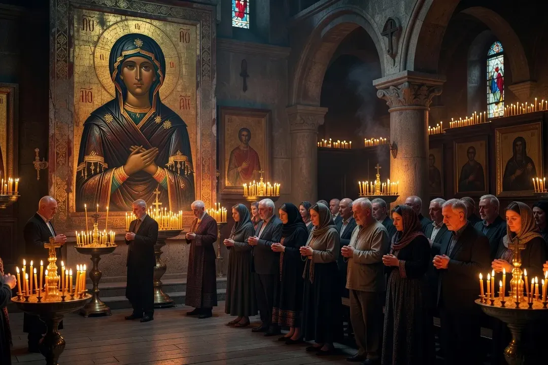 Fidèles orthodoxes debout devant une grande icône de la Mère de Dieu dans une église byzantine, à la lueur des cierges