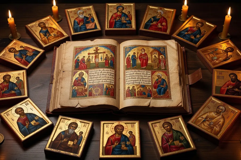 Composition d'icônes des douze grandes fêtes orthodoxes, dodékaorton, style byzantin