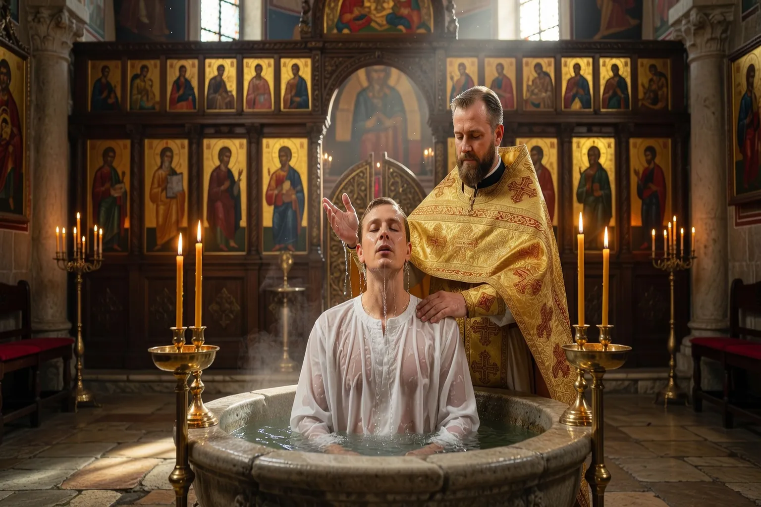 Baptême orthodoxe d'un adulte par triple immersion dans une église paroissiale