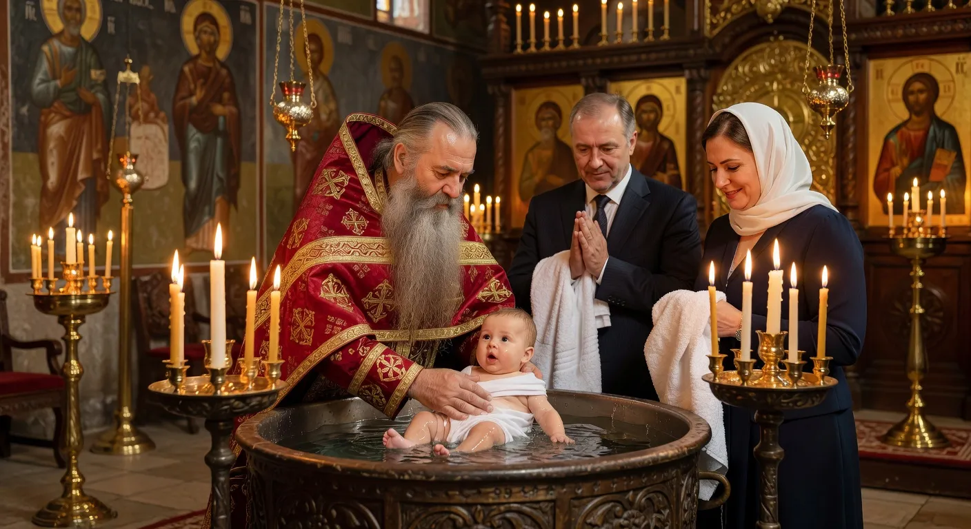 Fonts baptismaux orthodoxes avec cierges allumes et icone du Christ