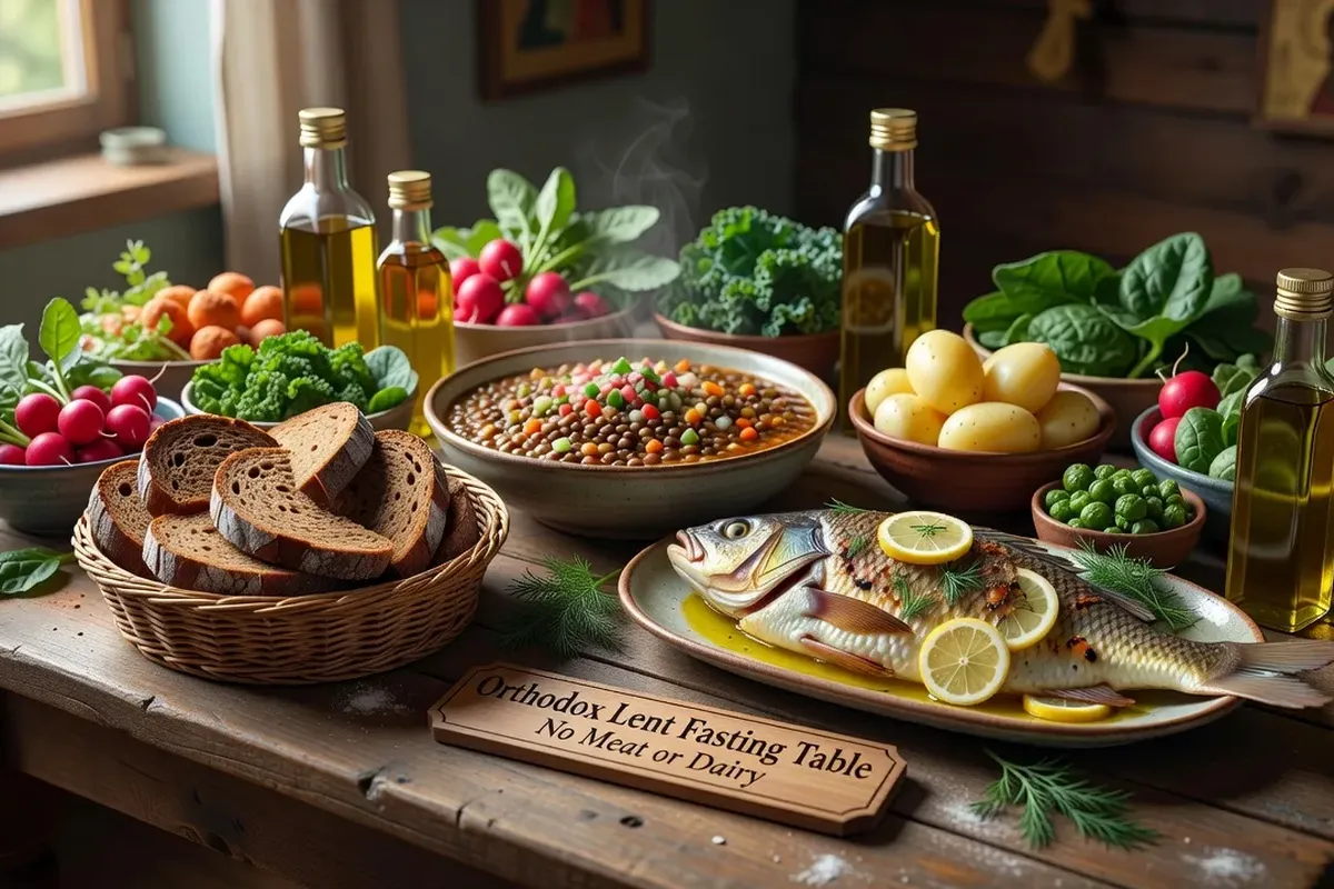 Repas de carême orthodoxe : légumes, légumineuses, pain et olives sur une table monastique