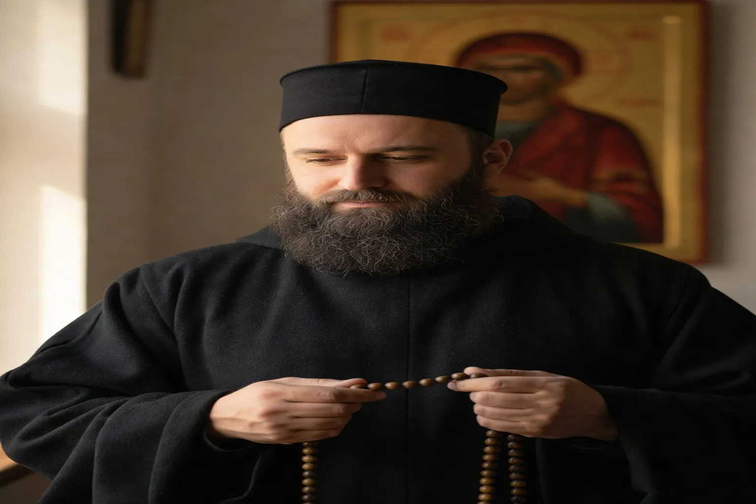 Hieromoine orthodoxe en habit monastique noir