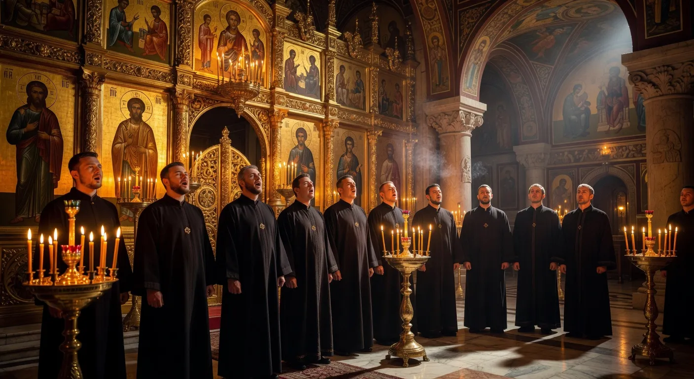 Choeur liturgique orthodoxe chantant sous les voutes dorees d'une cathedrale