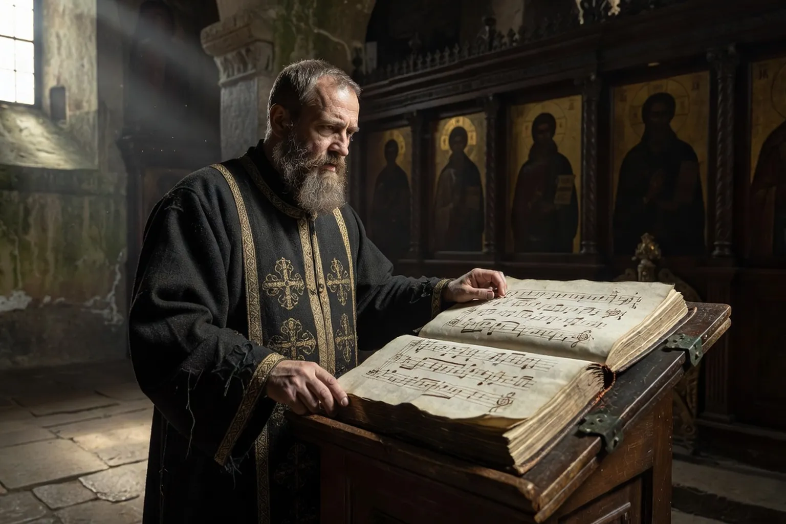 Chantre orthodoxe russe lisant une partition ancienne en notation neumatique znamenny, cierge allumé