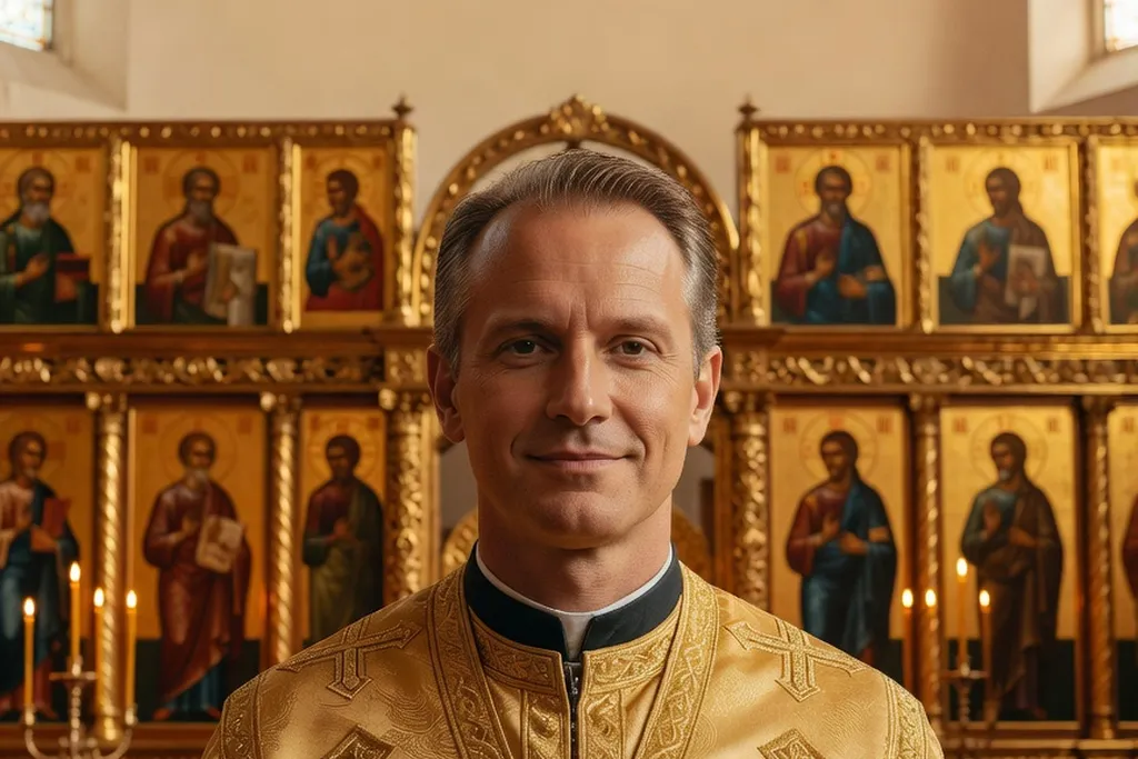 Prêtre orthodoxe célébrant la Divine Liturgie de saint Jean Chrysostome devant l'autel