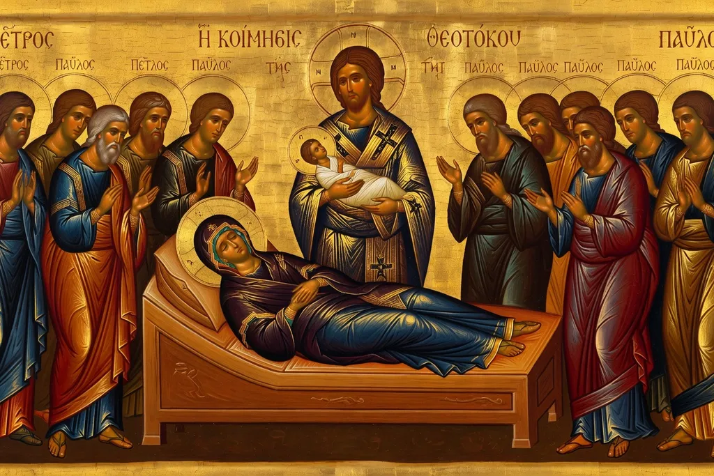 Icône orthodoxe de la Dormition entourée des apôtres