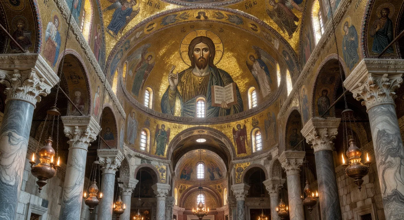 Interieur de la basilique Sainte-Sophie a Constantinople avec mosaiques dorees et coupole majestueuse
